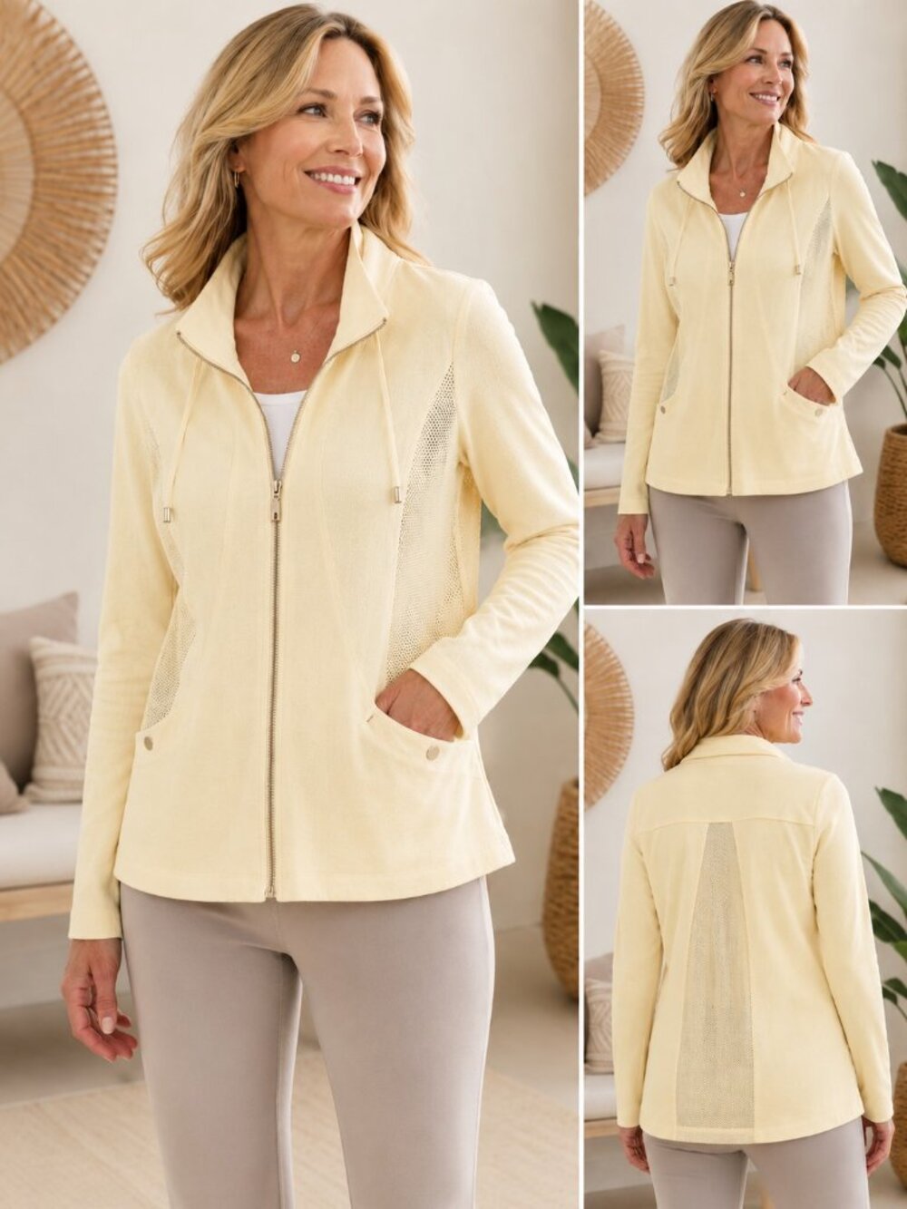 Chico's Zenergy 0-SM Yellow Mesh Panel Zip Front Jacket Cotton Blend Athleisure